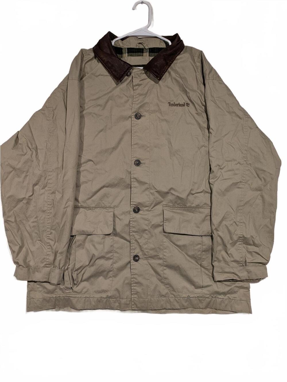 Timberland Weathergear Khaki Field Jacket Leather Collar Button Up Mens XL 1998